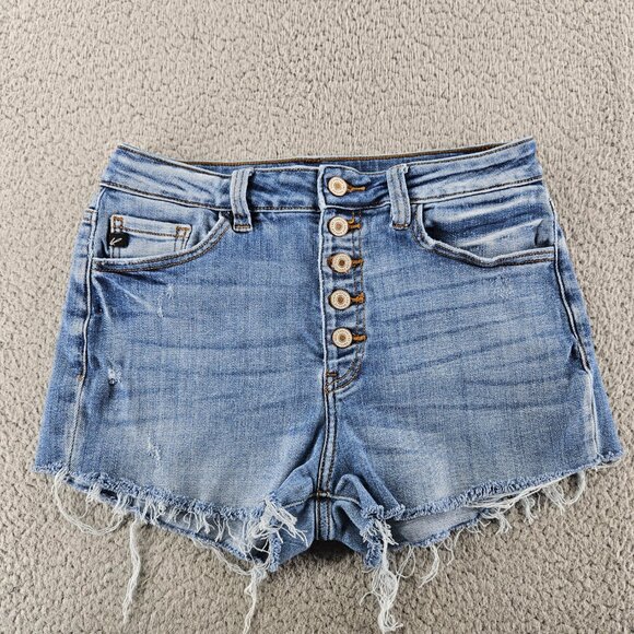 KanCan Shorts Womens 29 Blue Distressed Frayed Hem High Rise Button Fly Denim - Picture 1 of 15